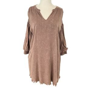 Umgee Womens Tunic Dress S Brown Fringe Hem 100% Rayon Puff Sleeve V-Neck Boho